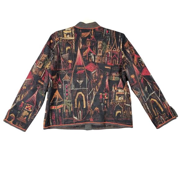 CHICOS Black Red Artsy Town Building Temple Embroider Jacket SIZE 1 US MEDIUM 8 - Picture 3 of 14